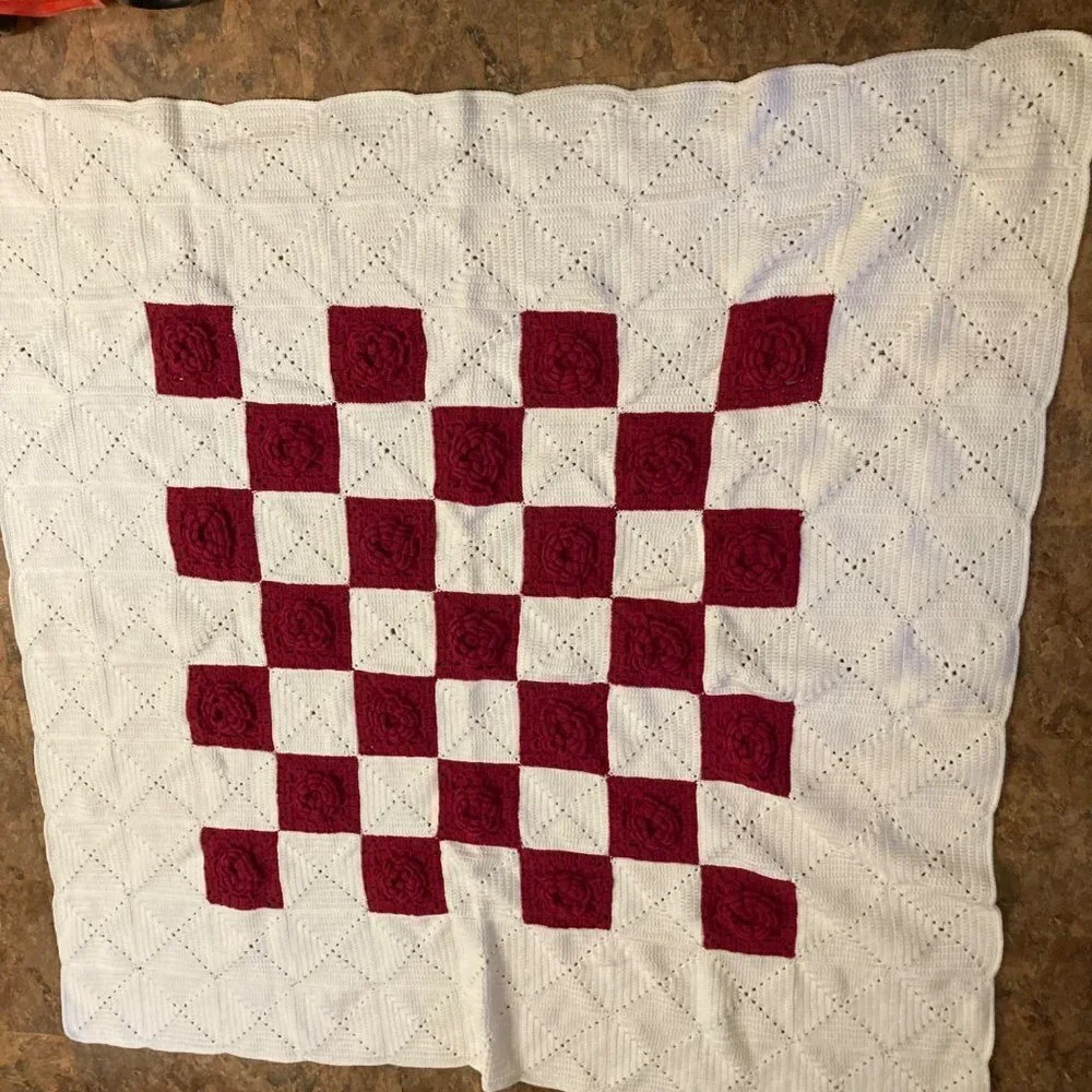 Handmade Crochet Blanket‎ White Red Flowers Square 64 x 64